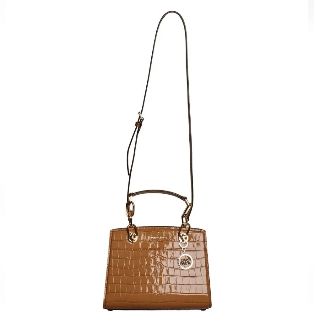 NWT Michael Kors Cynthia Small Croc Embossed Leather Satchel Chestnut